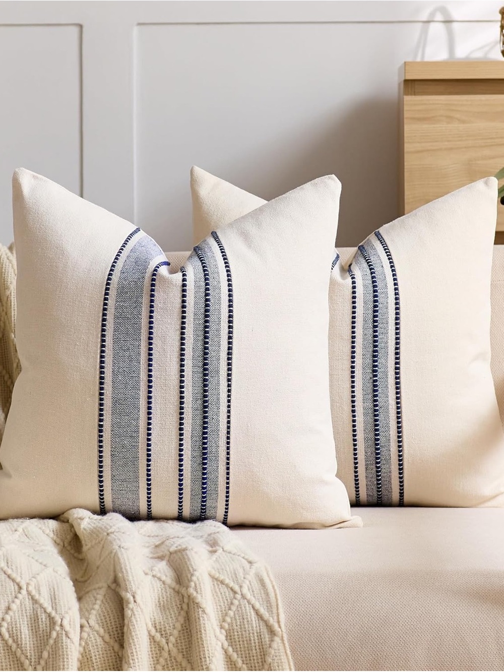 Striped Linen Textured Throw Pillow Covers 18x18 Inch Set of 2